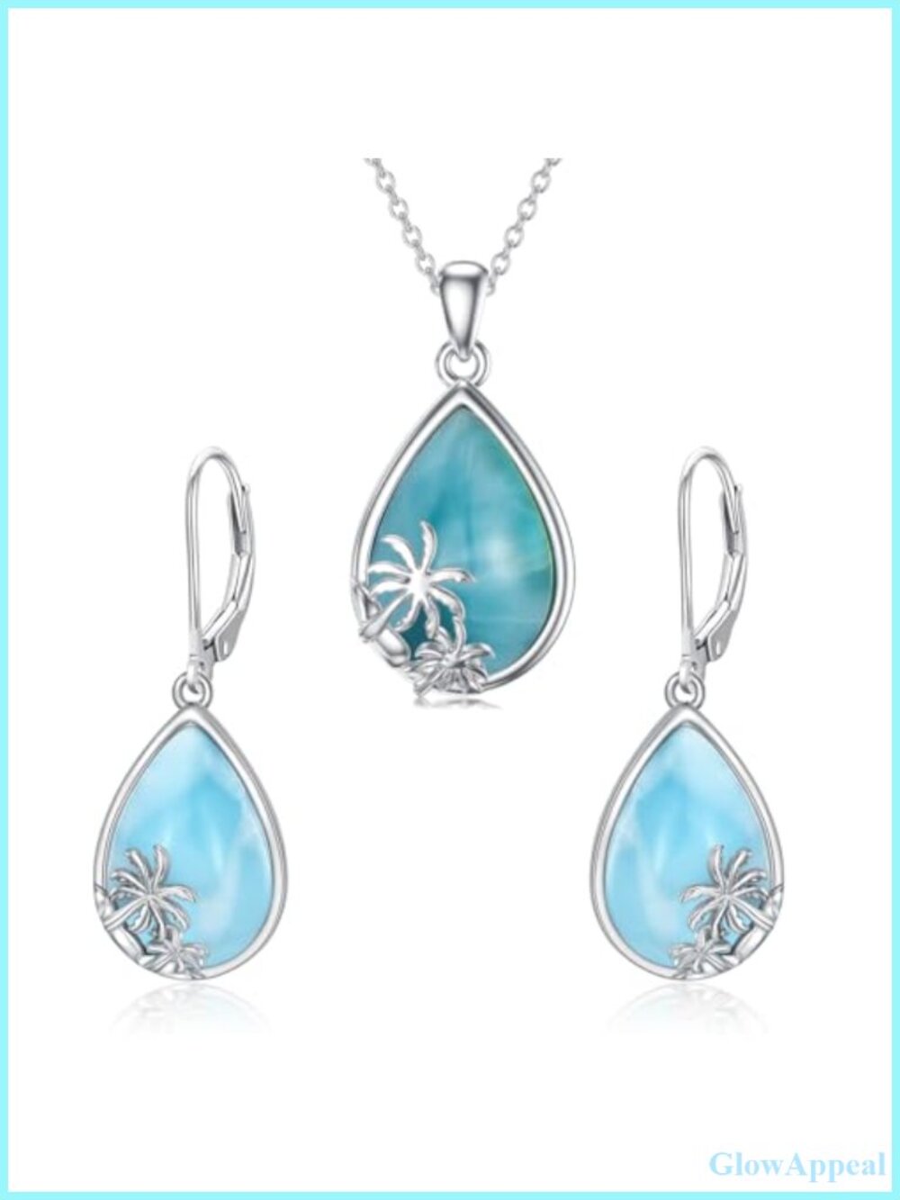 Larimar Palm Tree Pendant Necklace Earrings 925 Sterling Silver Set